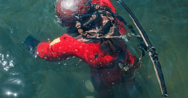 Underwatering - A diver in a red suit is in the water