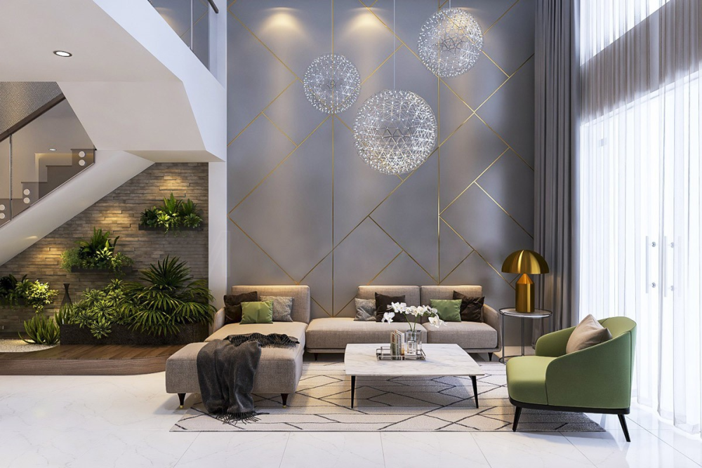 gray wall in living room with green sofa