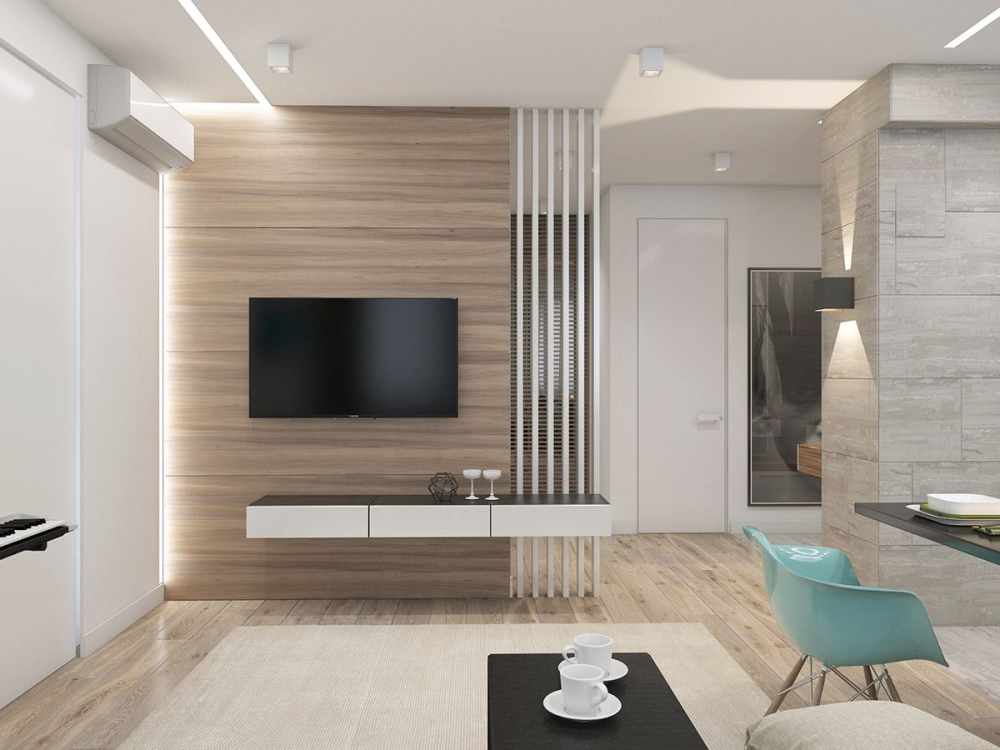 living room with tv on the wall